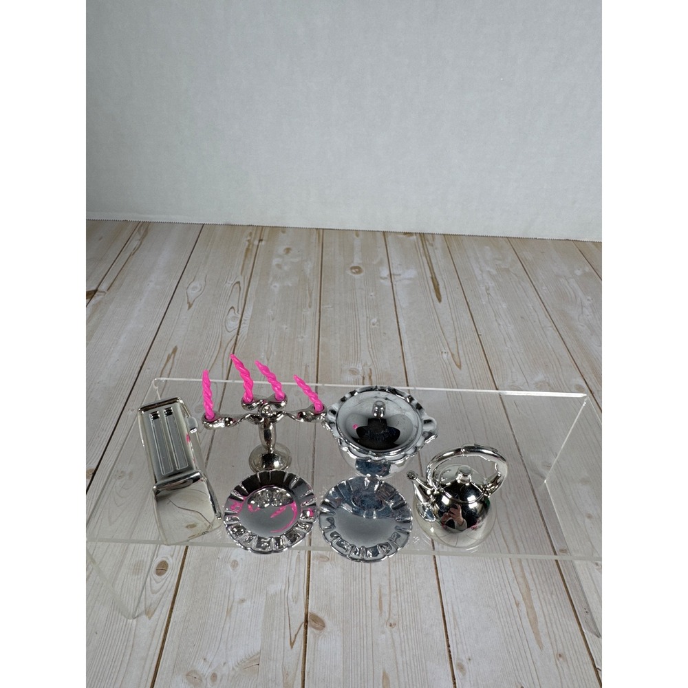 Vintage Miniature Chrome Dollhouse Kitchen Set‎ Toaster Kettle Candelabra 6pc